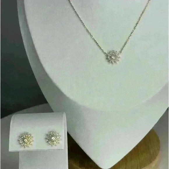 STERLING SILVER 14K GOLD PEARL AND SIMULATED DIAMOND NECKLACE AND EARRING SET - Picture 4 of 4